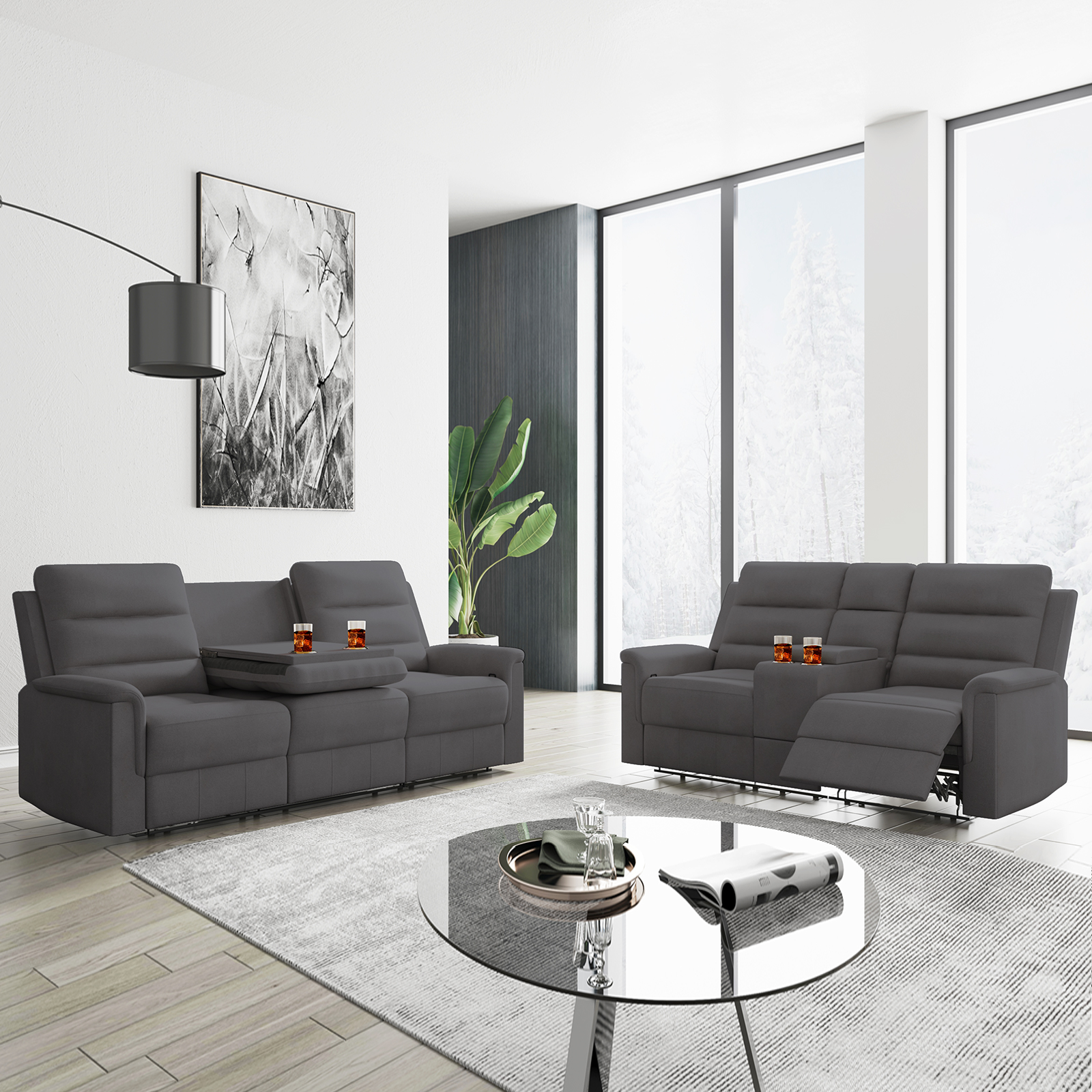 MUZZ Reclining Sofa Set, Modern Recliner Sofa with Cup Holders, Flip-Up Storage, Reversible Backrest and Footrest, Gray