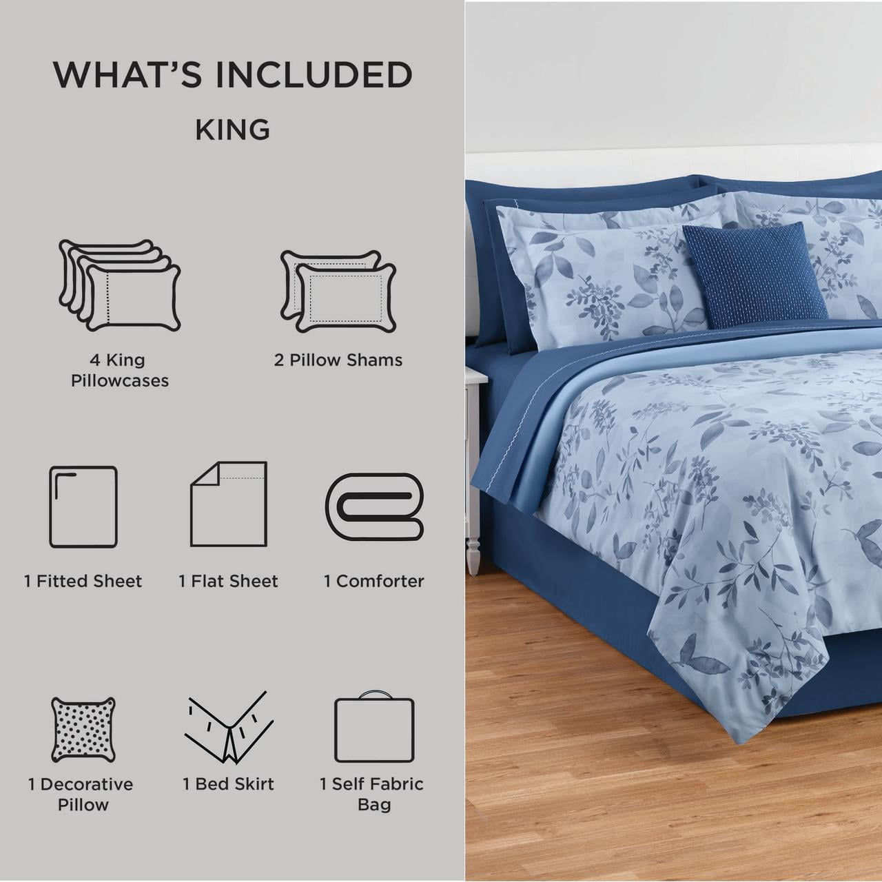 Mainstays All in One Reversible Comforter and Sheet set- 11 Piece, King, Blue Floral