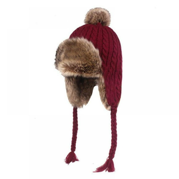 Women Faux Fur Earflap Trapper Hat Knitted Pom Ladies Winter Snow Ski Hat