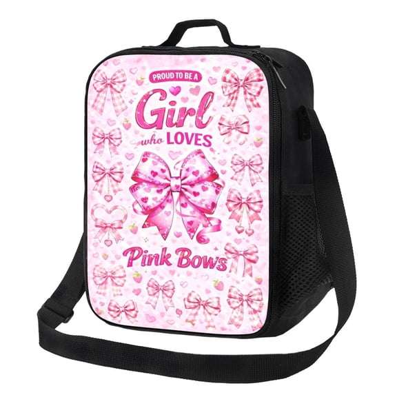 Pink Bow Lunch Bag Insulated Thermal Lunch Box with Shoulder Strap & Handle for Women and Men