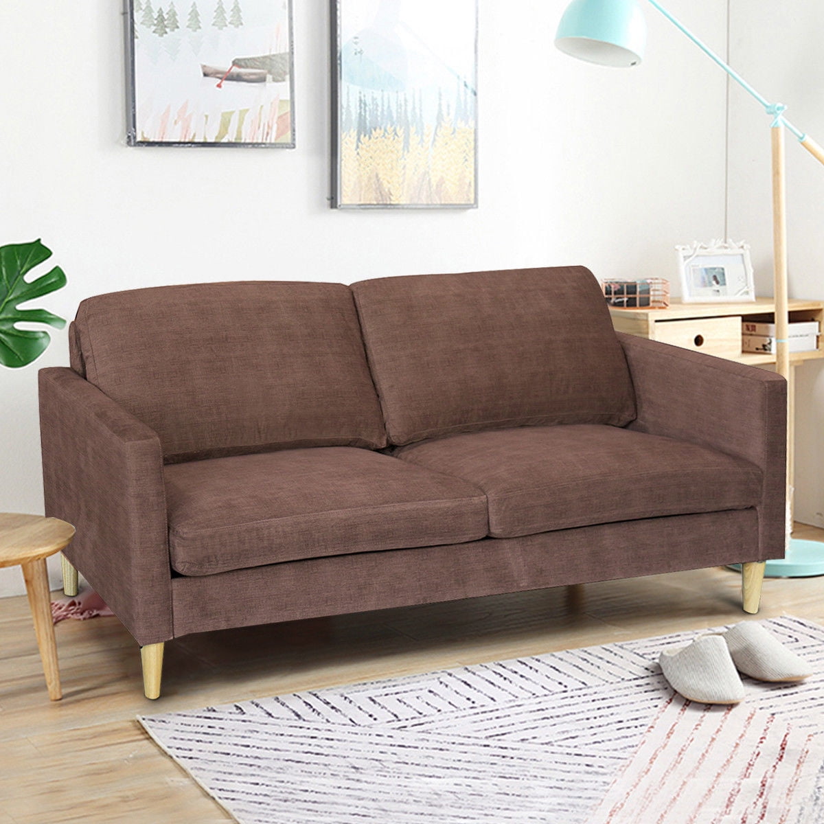 Costway Modern Fabric Couch Sofa Love Seat Upholstered Bed Lounge Sleeper 2-Seater Brown