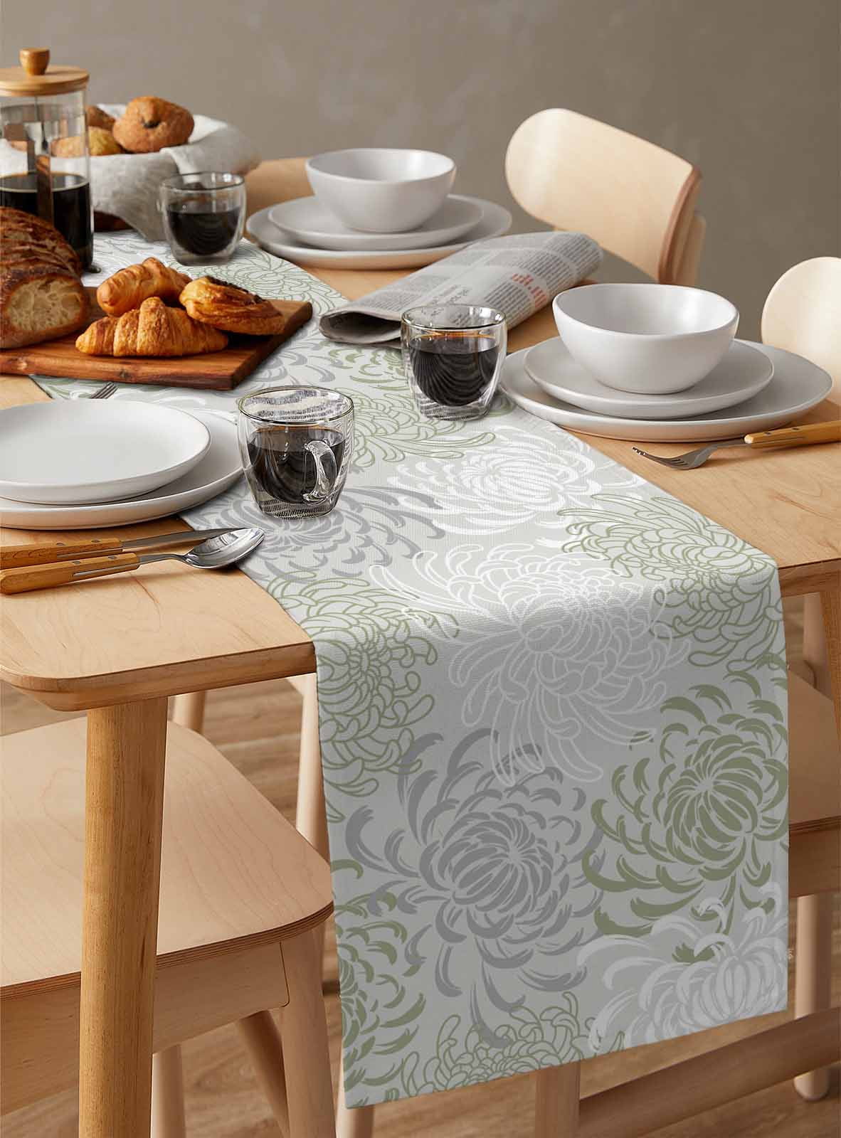 Table Runners 90 Inches Long Dress Scarves, Sage Green White Farmhouse Coffee/Dining/Kitchen Table Runner for Living Room, Abstract Grey Chrysanthemum Flower 13x90 Inch
