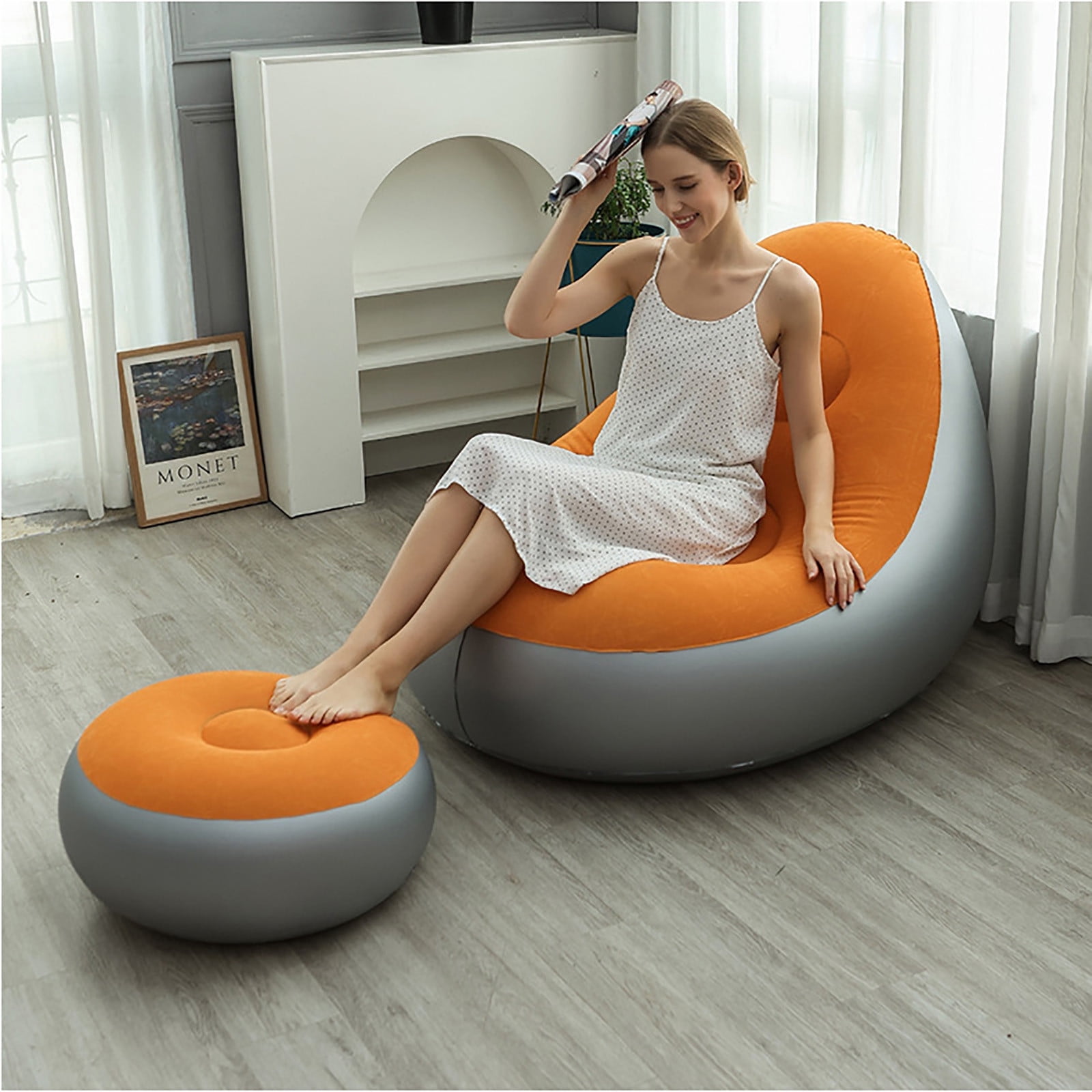 Inflatable Bean Bag Chair for Adults Blow up Chair Lazy Sofa Lounge Folding Portable Movie Night Chair for Reading Room Bedroom Living Room Camping(Dark Grey)