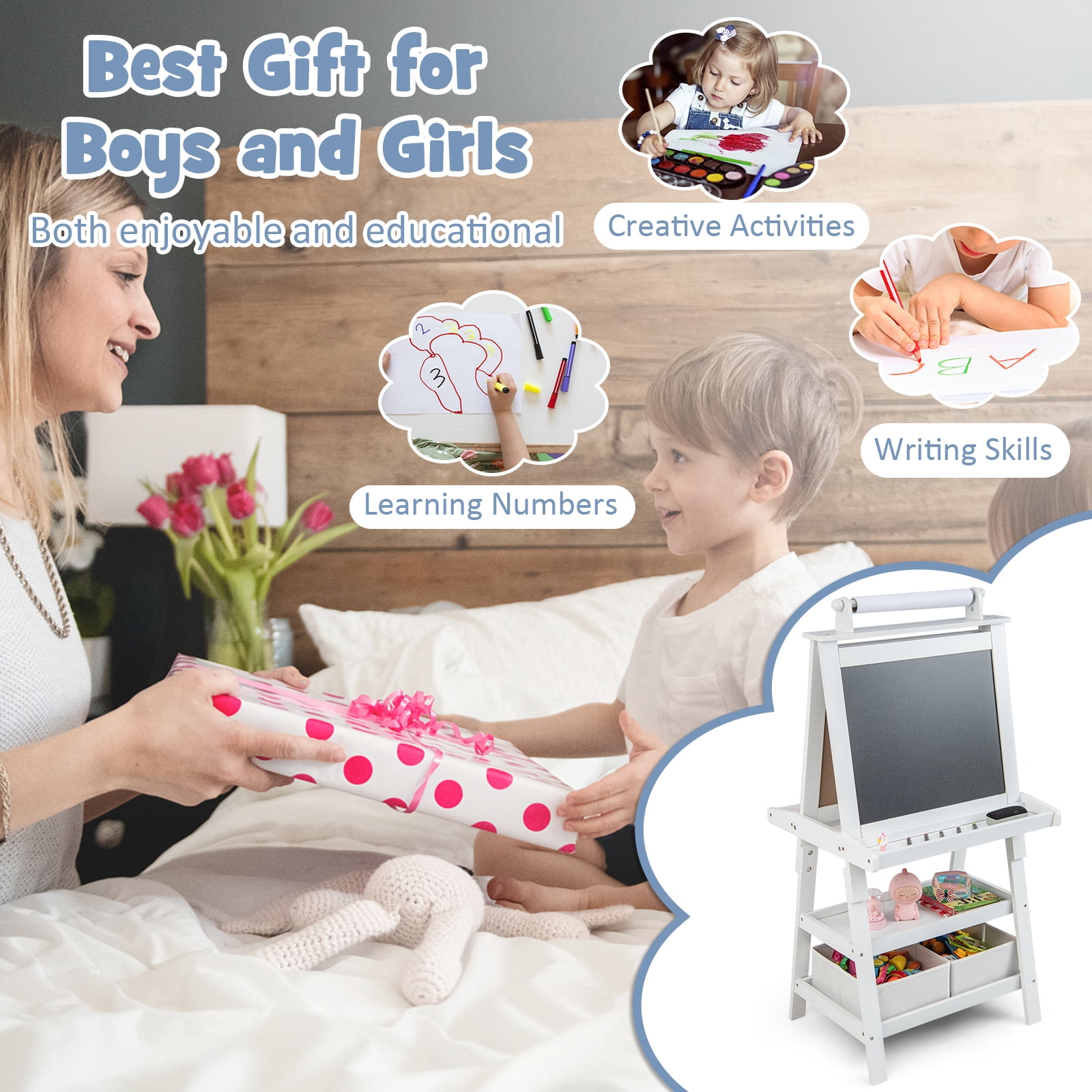 Infans Kids Art Easel Double Sided Chalkboard Magnetic Whiteboard w/ Storage Tray White