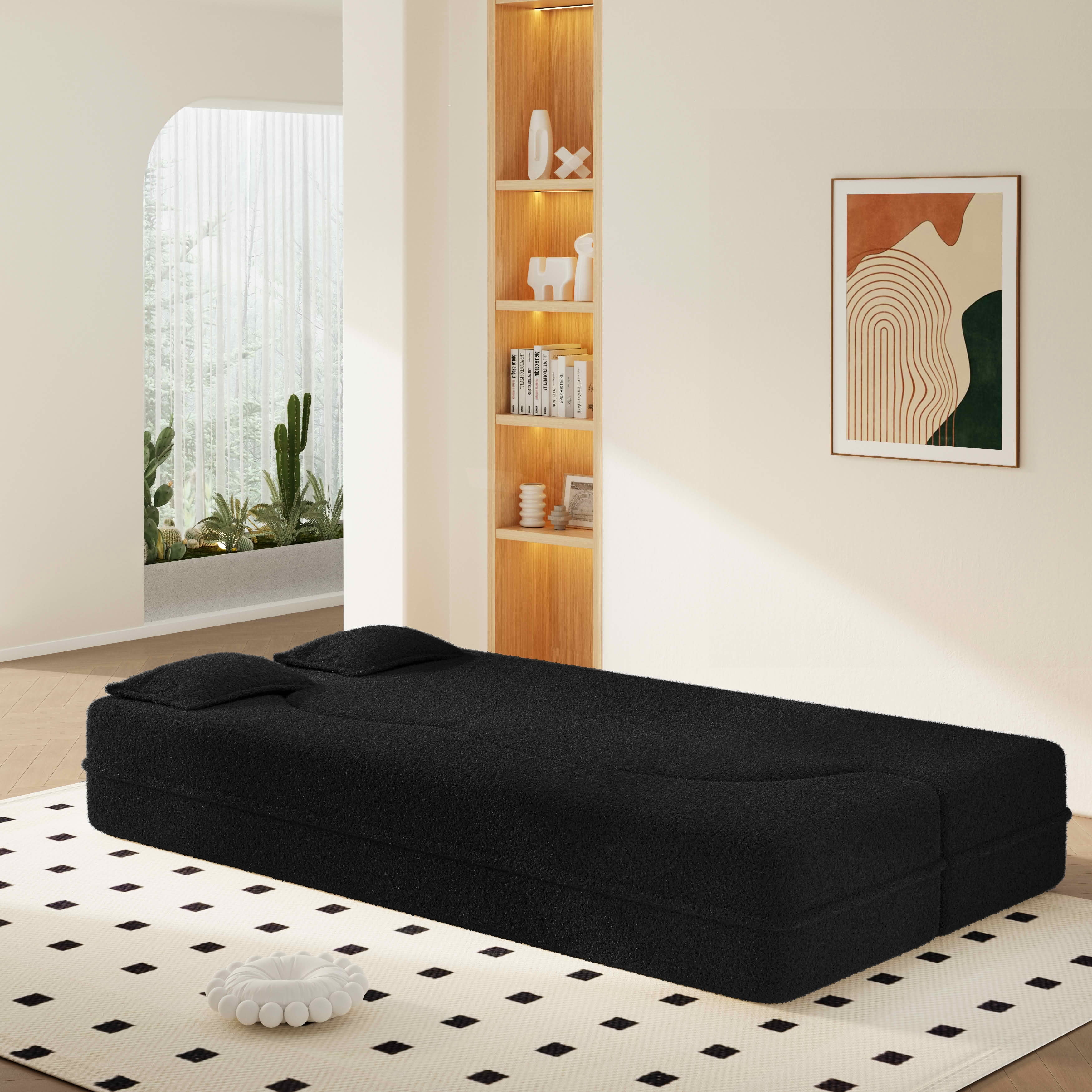 MAYEERTY Twin Sherpa Fleece Foldable Foam Floor Sofa Bed, Zero Assembly Vacuum Compressed Sleeper with 2 Pillows