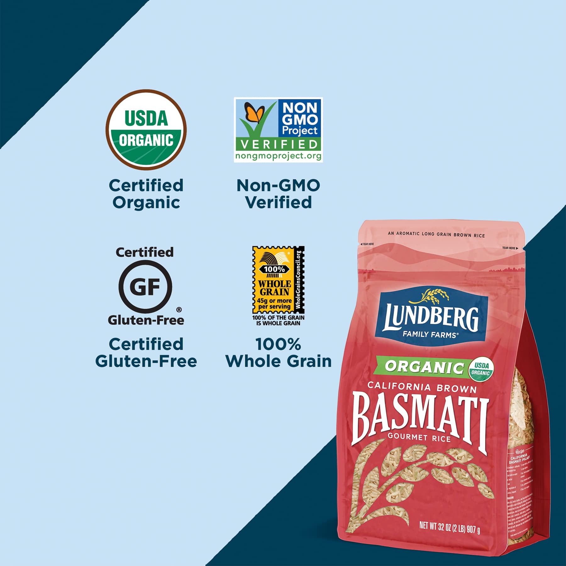 Lundberg Family Farms - Organic California Brown Basmati Rice, Pleasant Aroma, Won't Clump When Cooked, High Fiber, 100% Whole Grain, USDA Certified Organic, Gluten-Free, Non-GMO, 32 Ounce (Pack of 6)