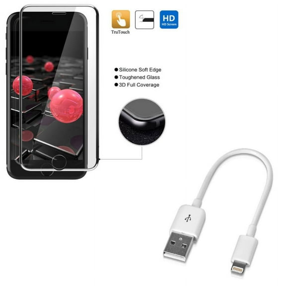 iPhone 8/7/6S/6 - Tempered Glass Screen Protector w Charger Short USB Cable - 3D Curved Edge Full Cover HD Clear 9H Hardness, Cord Power Wire Fast Charge Sync for iPhone 8/7/6S/6