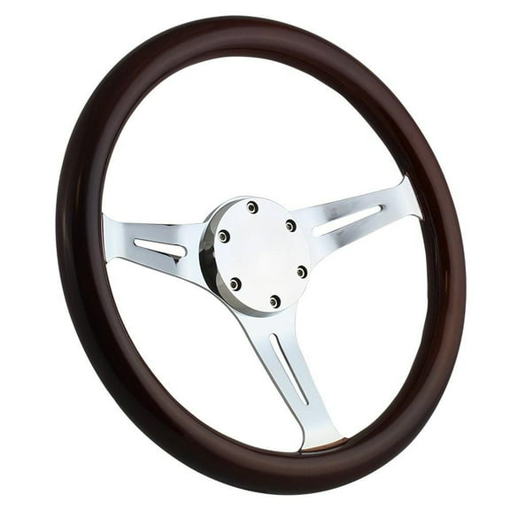 350mm Chrome Marine Boat Steering Wheel with Dark Mahagony Wood Grip and Horn Cover Plate