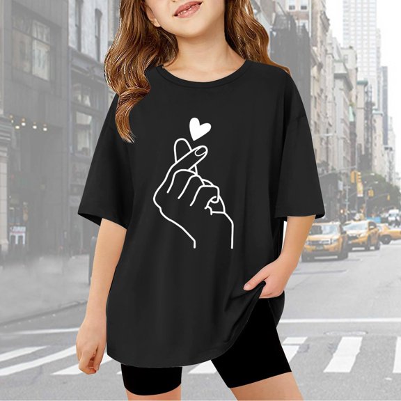 Gaexia Girls Short Sleeve Tops Crewneck T-Shirt Cotton Tee Tops Modern Fit Back To School Shirts for Kids Festival Casual Summer Tops School Uniform,Black
