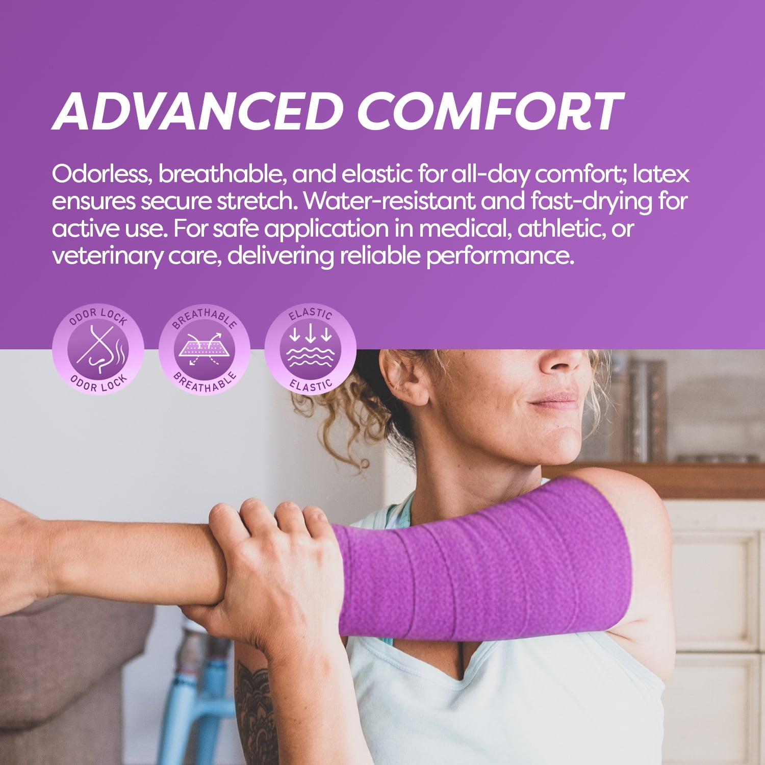 Dynarex Sensi-Wrap Self-Adhesive Bandages, 24-Pack, 3" x 5 yards, Purple, Latex, Colored Elastic Cohesive Athletic Tape, Tattoo Grip & Vet Wrap