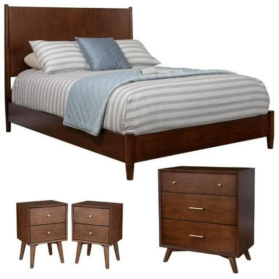 Home Square 4 Piece Set with Nightstand Queen Panel Bed & Accent Chest in Walnut