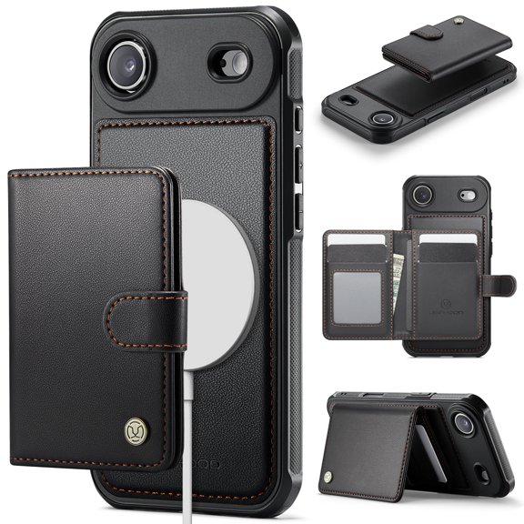 for iPhone Air Wallet Case with Detachable Magnetic Card Holder, PU Leather TPU, RFID Blocking Kickstand 2-in-1 Shockproof Drop Protective Phone Case with Magnetic Buckle, Black