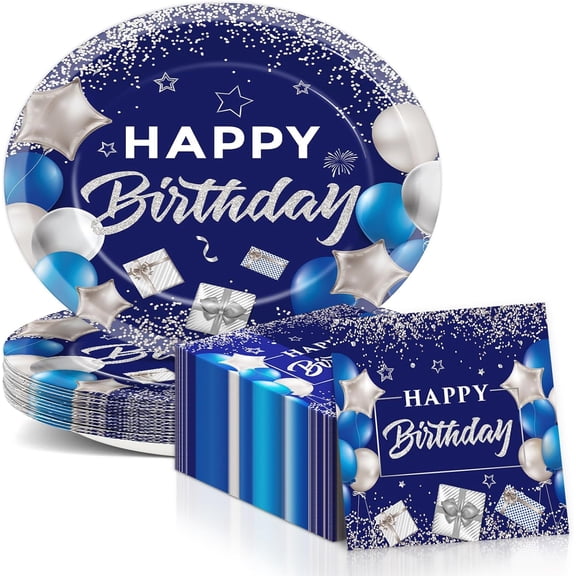 11 Inch Oval Happy Birthday Paper Plates & Napkins, Blue Silver Tableware Set for 25 Guests, Men Women Birthday Baby Shower Holiday Gathering Party Supplies