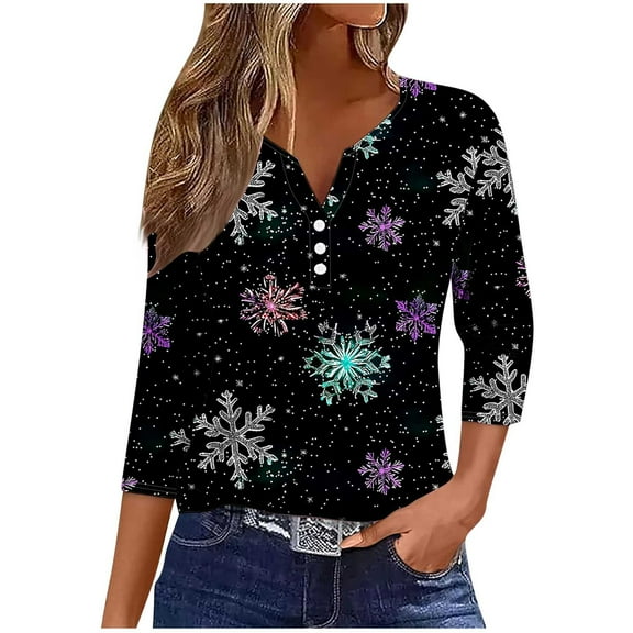 Christmas Tops for Women Cute Tops Plus Size Graphic 3/4 Sleeve Shirts Vintage Plus Size Blouses Dressy Casual