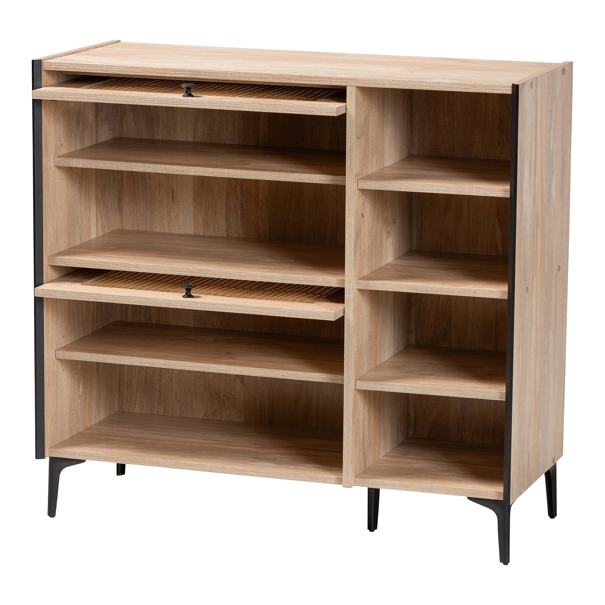 Baxton Studio Malcolm Mid-Century Shoe Cabinet, 8-Shelf, Oak Brown