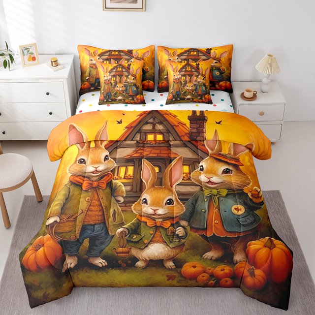 7 Pcs Kids Kawaii Rabbit Bed in a Bag Queen Size Comforter Set,Cartoon Bunny Farm Animal Sheet Set,Rustic Farmhouse Décor Bedding with Comforter,Country Pumpkin Cabin Lodge Quilt Cover