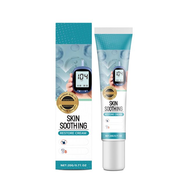 crema reparadora calmante para enrojecimiento, fórmulas de primeros auxilios que fortalecen la barrera para una reparación hidratante duradera, 20 g Tubo y caja frontales en vista centrada; tubo blanco con tapa plateada y franja turquesa, etiqueta en inglés 'Skin Soothing Restore Cream' con sello dorado, ilustración de medidor digital y burbujas, indicación de capacidad 20 g en la base. A menudo usada para ayudar a reducir el enrojecimiento y mantener la hidratación de la piel.