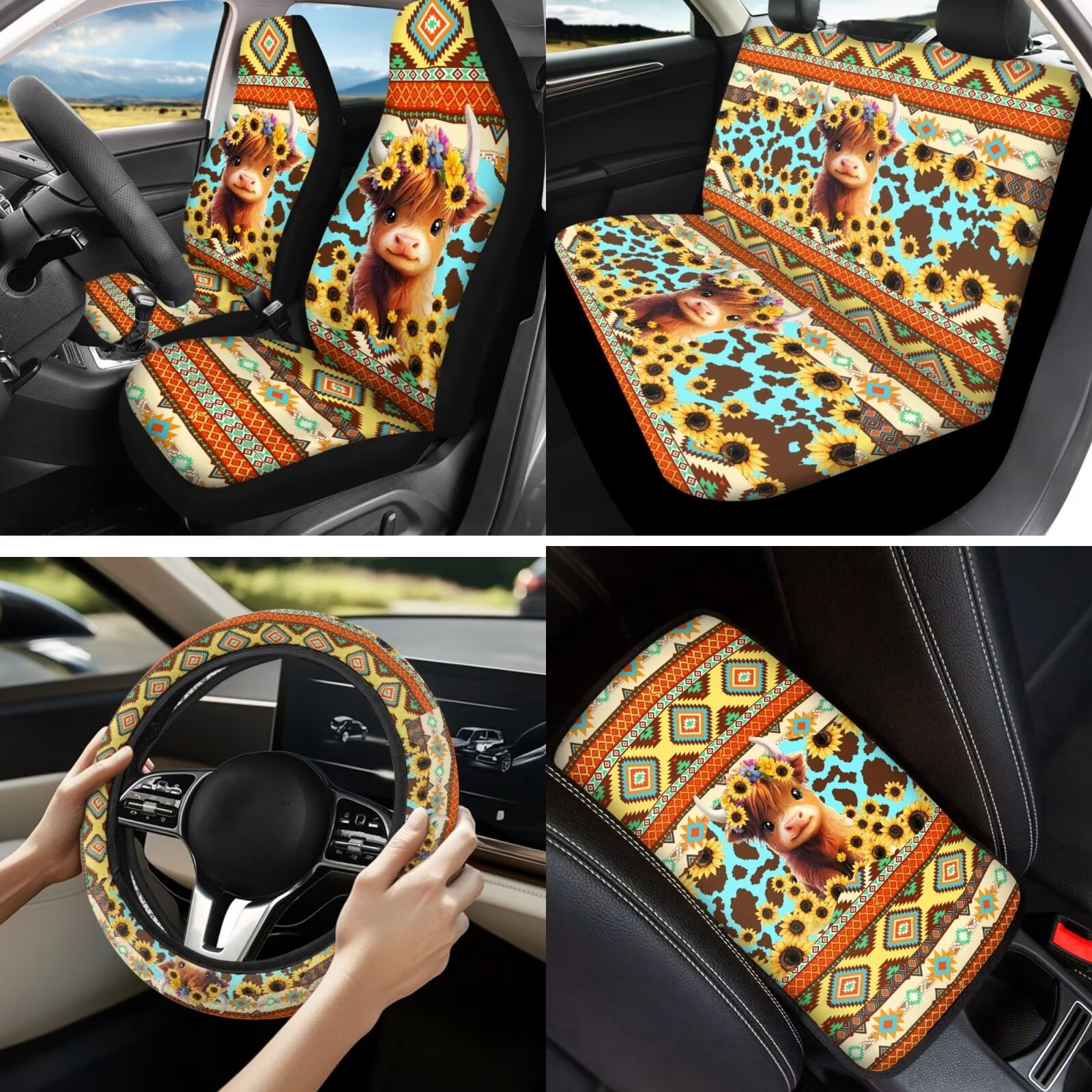 Garronmavis 13 Pieces Seat Cover Set Includes Seat Belt Cover Steering Wheel Cover Car Armrest Pad Coaster Keychain Lipstick Cover Car Cover for Women Aztec Highland Cows