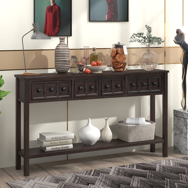 MODERNLUXE Table Console de 60 Pouces de Long, Table de Sofa, Table d'Entrée en Bois Massif avec 4 Tiroirs et Tablette Inférieure pour Rangement, Espresso