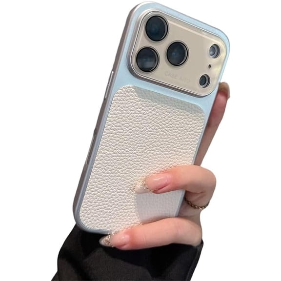 Lychee Peel Leather Back Camera Protect Phone Case for iPhone (White,iPhone 13)