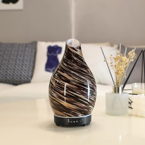 Aromatherapy Diffuser Vase Art Glass ultrasonic Cool Mist Scent Essential Oil Diffuser Humidifier with Intermittent Mist & LED 7 Colorful Changing Night Light for Home Décor-Brilliant Night
