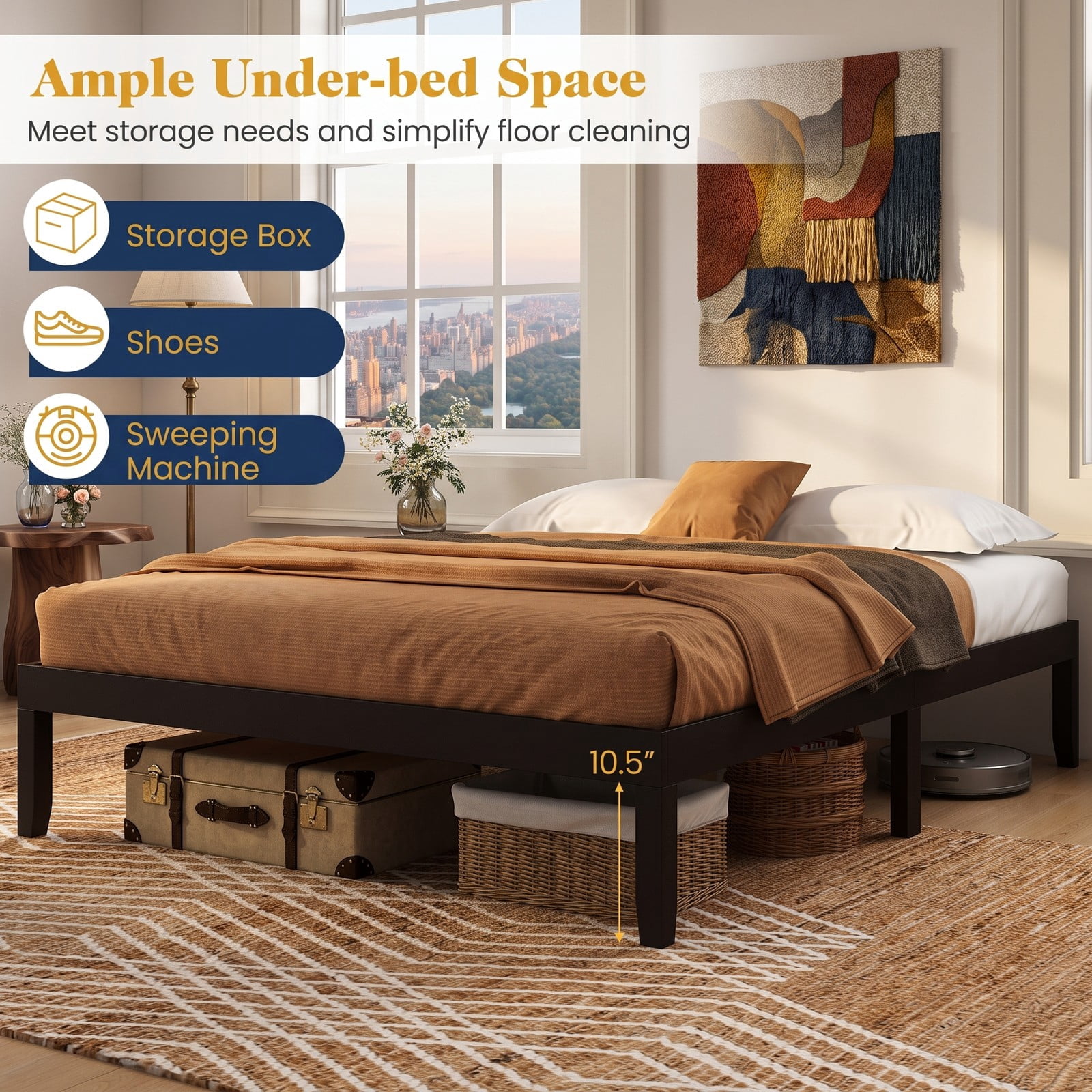 Furnibear Queen Size Bed Frame, Wood Platform Bed Frame with Slat Support and Rubber Wood Legs, Low Profile Queen Platform Bed No Box Spring, Espresso