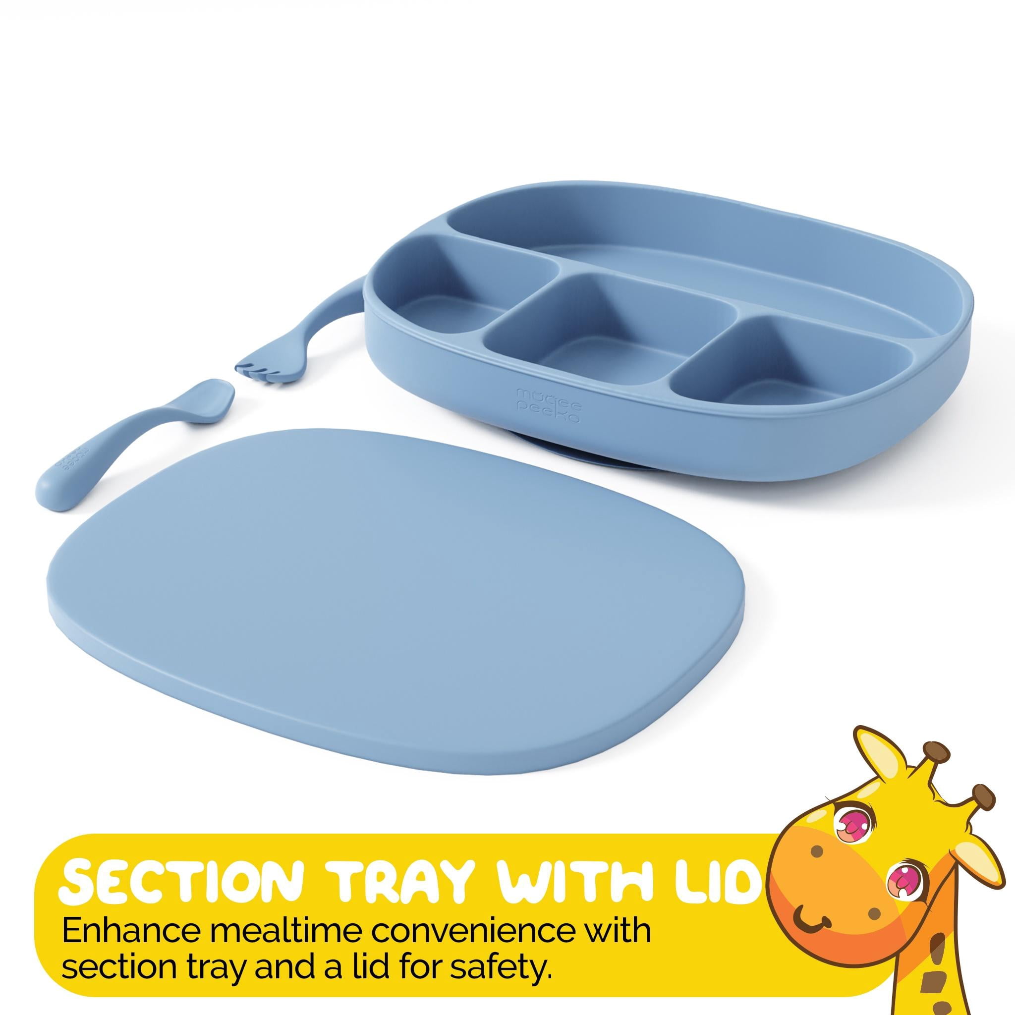 Led Weaning Set with Suction Tray and Baby Utensils by Muqee Peeko in Blue Color - (3 Piece Set)