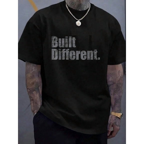 【New Arrival】Built Different Distressed Letter Graphic T-Shirt, Motivational Slogan Crewneck Short Sleeve Tee, Men Casual Streetwear Top