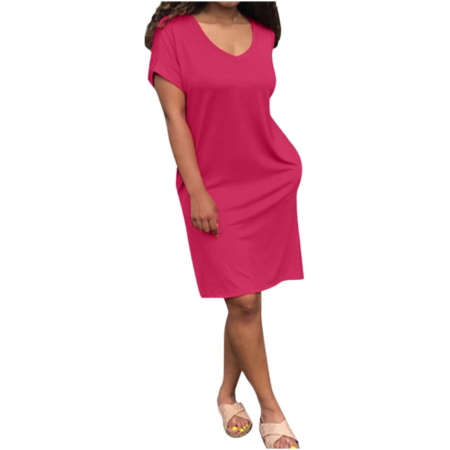Weiqiqre Robes pour Femmes Grande Taille Soldes Mode Femmes Uni Décontracté Femmes Manches Courtes Col en V Poches Robe pour Dames