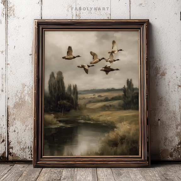 Vintage Flying Ducks Moody Countryside Landscape Rustic Farmhouse Wall Art, Stretched Canvas