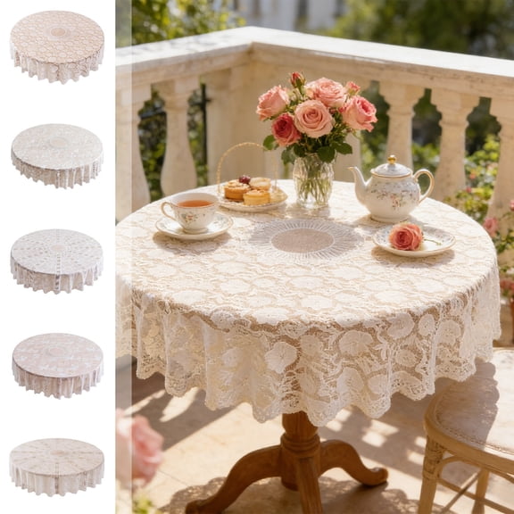 CuiLiyq White Lace Round Tablecloth, 72.83 Inches Embroidered Sheer Dining Table Cover for Home Restaurant Cafe Party Event Decor Hollowed Design (E)