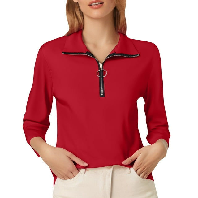 UANWENN un T-Shirt à Manches Longues Uni à Demi-Fermeture Éclair à la Mode et Décontracté pour Femmes, Chemises de Compression à Col en T pour Femmes, Chemises à Manches Longues pour l'Haltérophilie, T-Shirts pour Femmes Grande Taille Extensibles