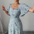 thumbnail image 5 of Womens Summer Dresses, Floral Chiffon Long Maxi Dress, Square Neck Puff Sleeve Ruched Waist Flowy Dress Navy M, 5 of 6