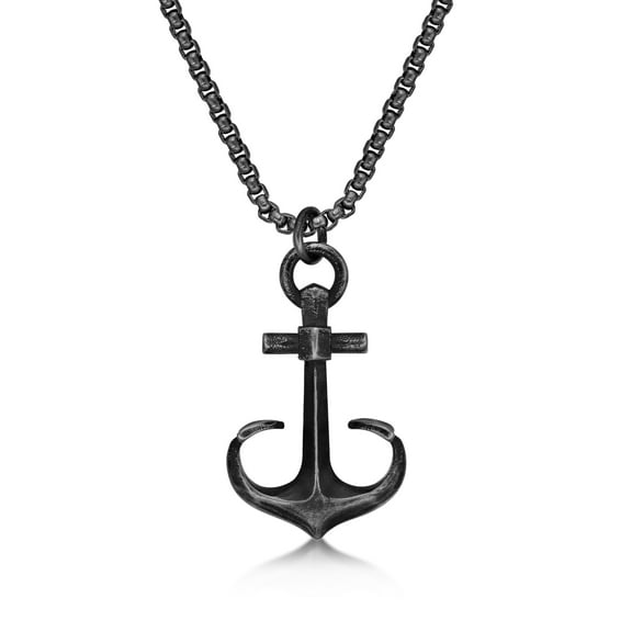 Metro Jewelry Stainless Steel Anchor Pendant Necklace for Men with Black Ion Plating on 24 Inches Long Box Chain