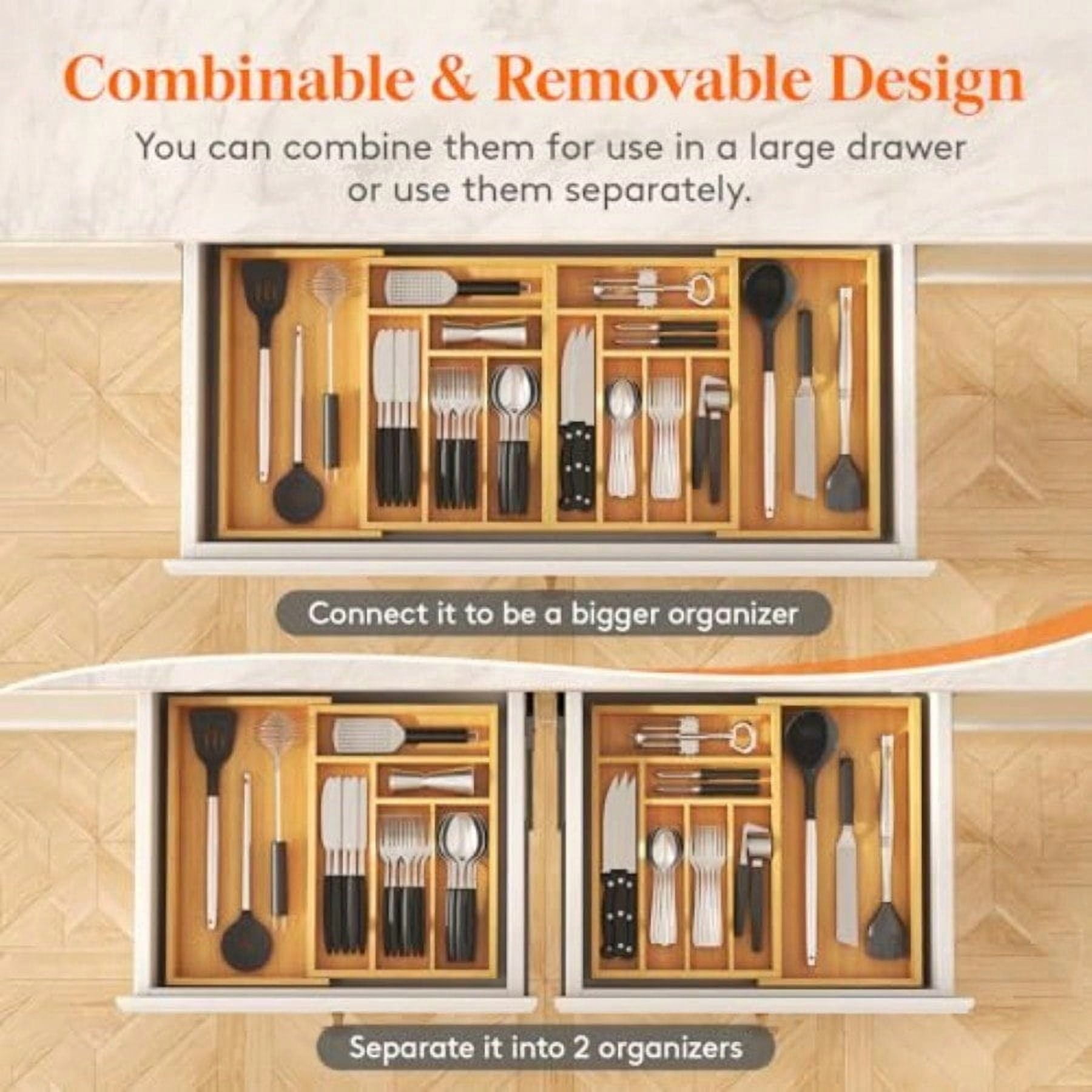 Large Sierware Drawer Organizer Expandable 21.4 to 36 Inches Wide Bamboo Utensil Tray for Kitchen Adjustable Flatware and Cutlery Holder for Spoons Forks Knives 13 Compartments Natural