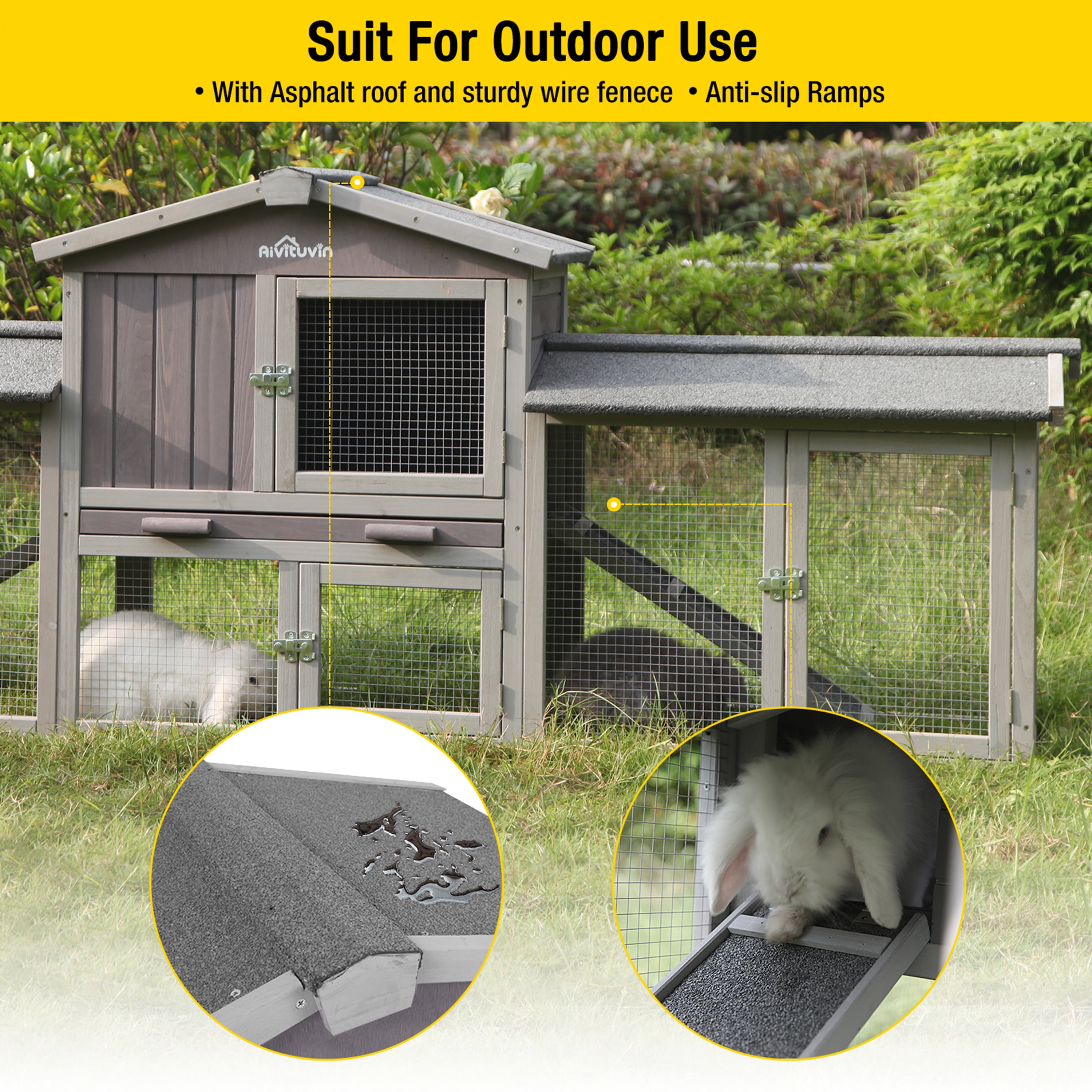 Aivituvin Chicken Coop Outdoor with PVC Bottom Layer Indoor Rabbit Hutch Wooden Bunny Cage Large Rabbit House with Run