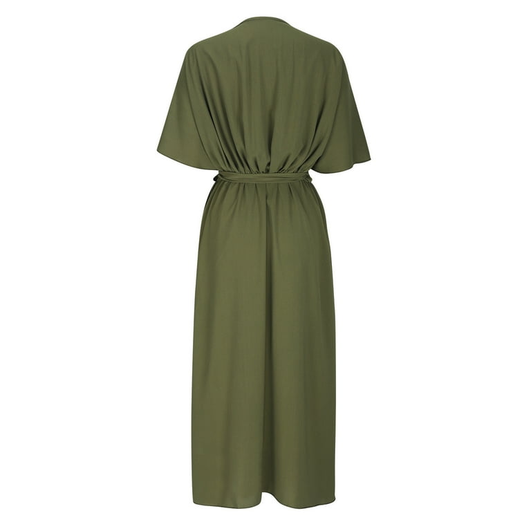Zquuvou Women's V Neck Wrap Dress Casual Solid Color Waitst Cincing Lace Up Irregular Long Dress B-Olive Green