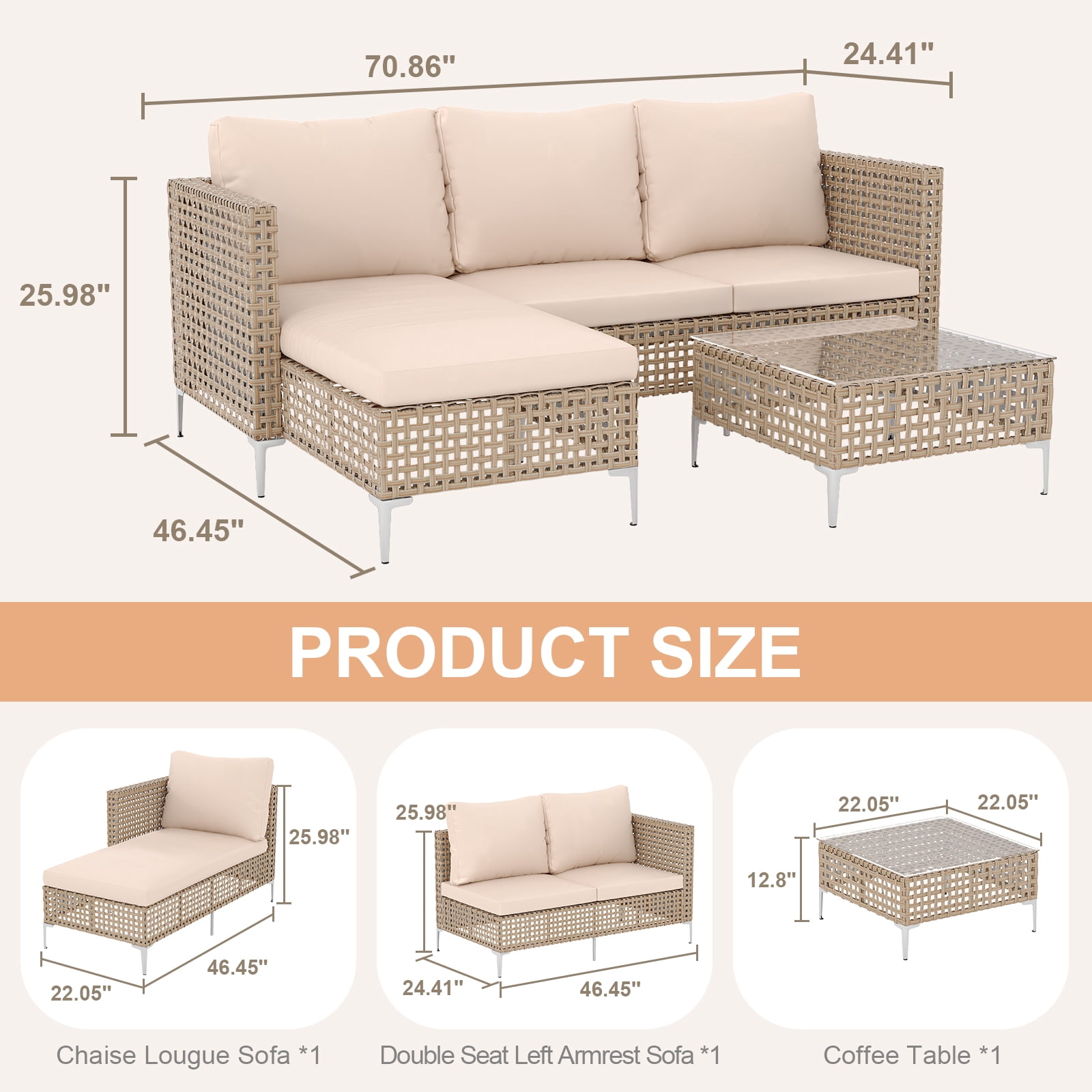 YHBINHUI 3 Piece Patio Furniture Set with Chaise Longue Outdoor Wicker Furnitrue Set (Yellow/Beige)