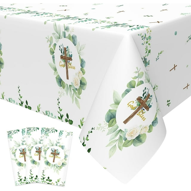 HELIAHOO 3Pcs God Bless Baptism Tablecloth, 54 x 108 Inch Eucalyptus Leaf Cross Religious Table Cover, Sage Green Plastic Tablecloth for Baby Showers, First Communion Decorations AZ83-26048