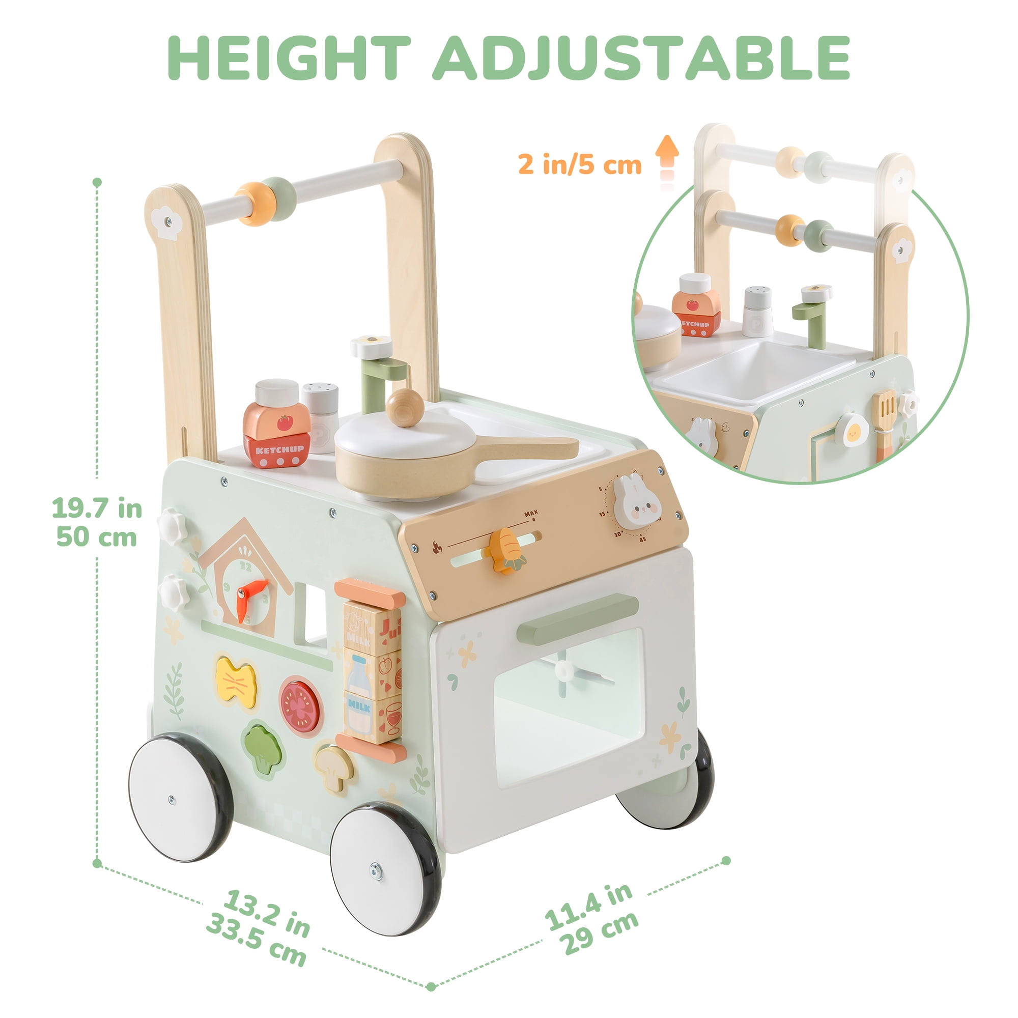 Robud Wooden Baby Push Walker – Montessori Learning Adjustable Toy with Activity Panel & Safety Wheels, Prevent O-Shaped Legs, for 10-12 Months 1 2 3 Years Old Girls Boys
