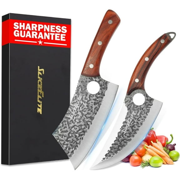 SliceElite 2PCS Hand-Forged Butcher Knife Set | Cleaver & Viking Knives for Meat Cutting | Professional Chef Knife Gift Box, Perfect BBQ Tool for Men