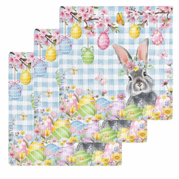 Blue Easter Kitchen Dish Towels for Drying Dishes Set of 3, Spring Watercolor Bunny Eggs Flower Plaid Waffle Weave Microfiber Hand Tea Bathroom Towels Quick Dry & Absorbent Towel 12x12