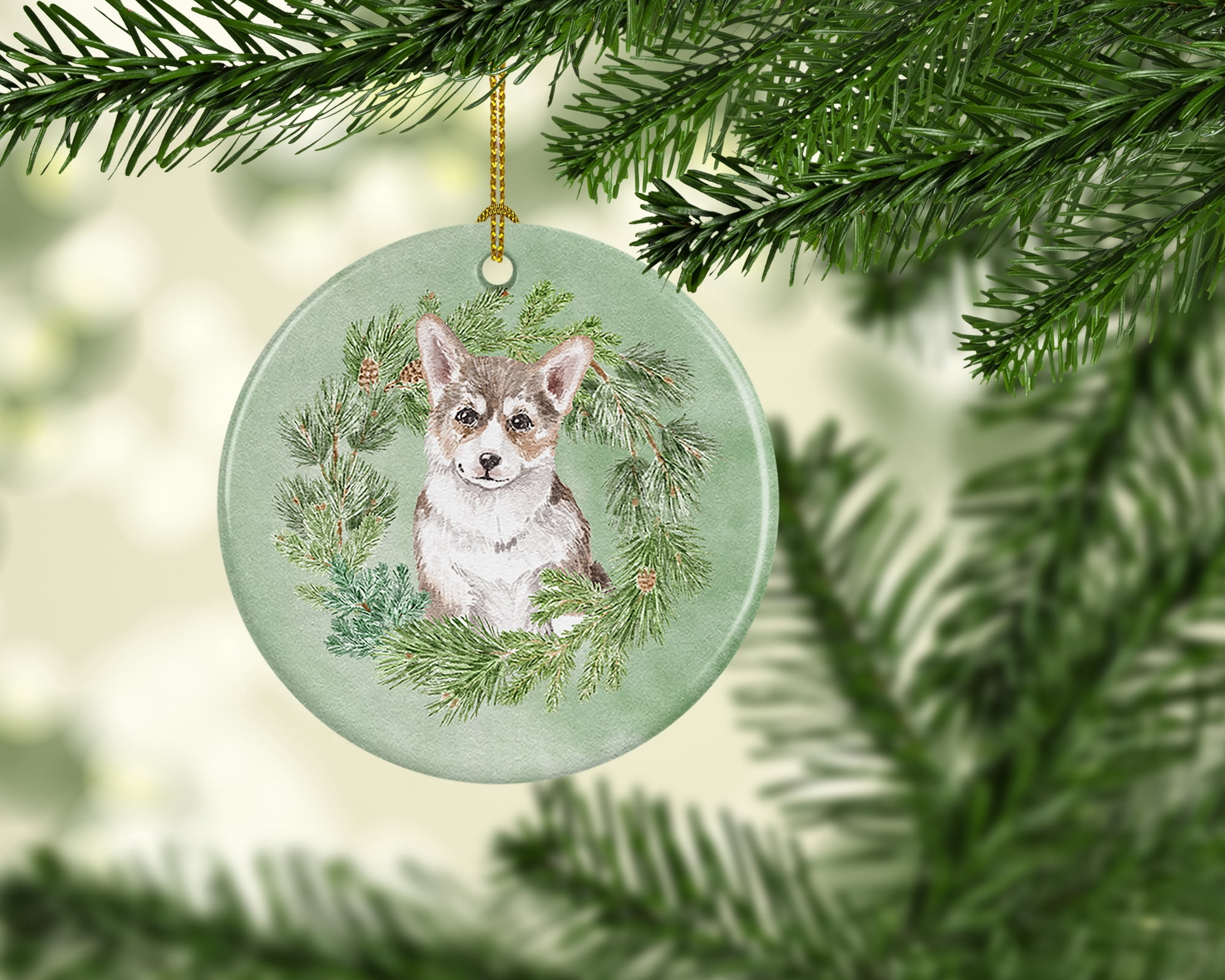 Corgi Puppy Sable Christmas Wreath Ceramic Ornament 2.8 in x 2.8 in