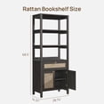 thumbnail image 3 of SICOTAS 68.5" Tall Rattan Bookshelf with Large Drawer & 2 Doors, Boho 5-Tier Bookcase with Adjustable Shelf, Display Storage Shelves for Living Room, Home Office, Black Oak, 3 of 8