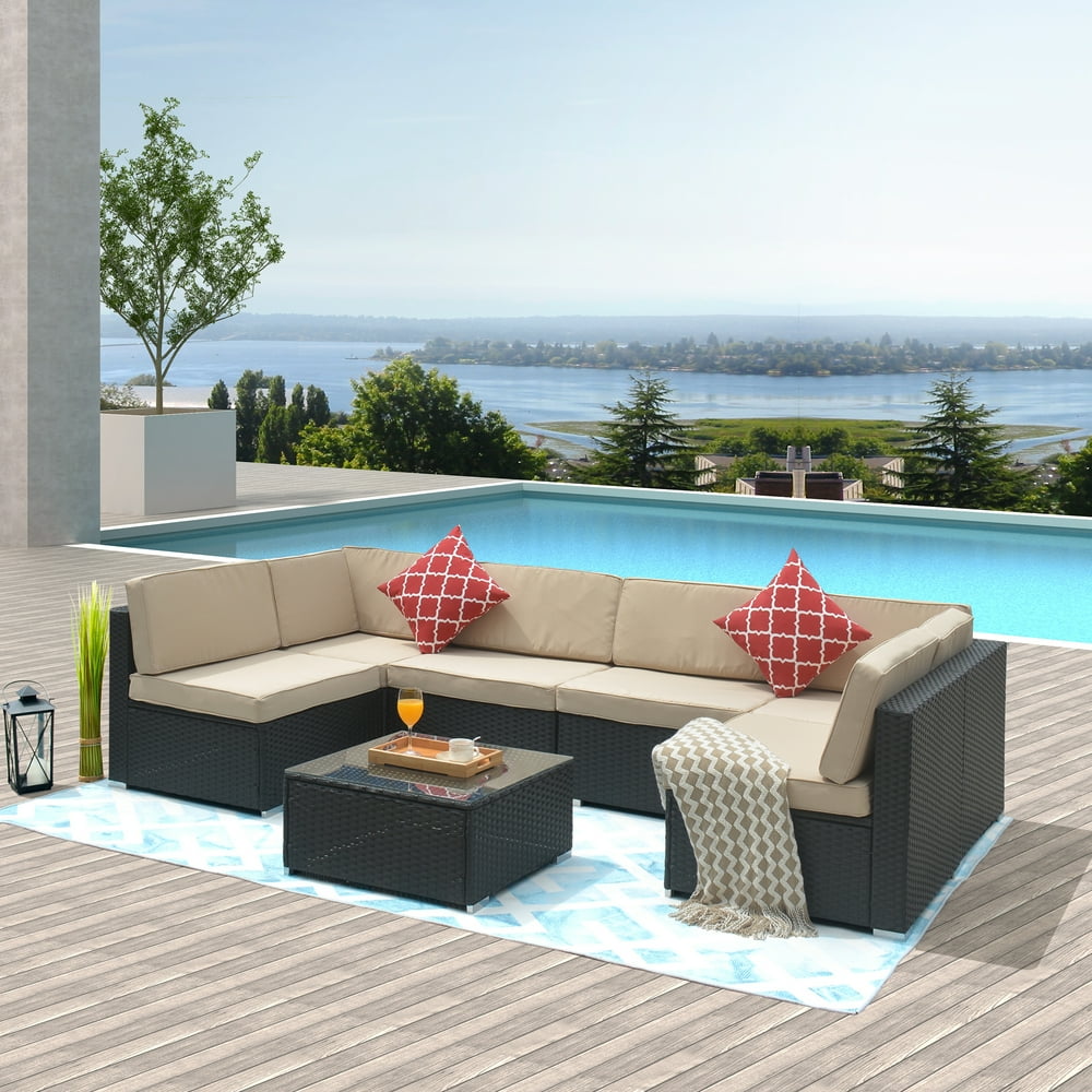 7PCS Outdoor Patio Furniture Set, BTMWAY PE Rattan Outdoor Sectional Furniture Sofa Set, All 