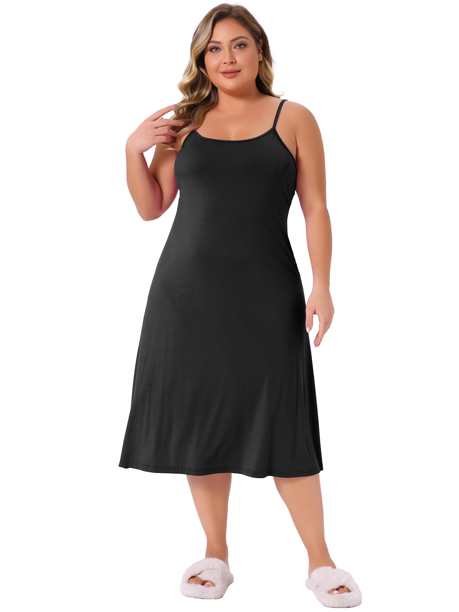 DARING DIVA Women's Plus Size Spaghetti Strap Full Slip Midi Nightgown 2X Black