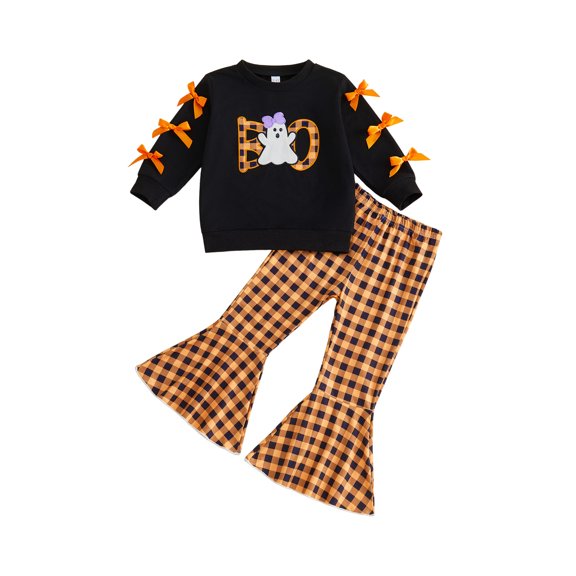 RUINIXCW Toddler Girls Halloween Outfits Ghost Embroidery Bow Long Sleeve Sweatshirt and Elastic Plaid Flare Pants Set