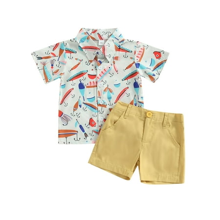 

Calsunbaby Kids Toddler Boys Summer Gentleman Outfits Sets Short Sleeve Pattern Print Shirt Solid Color Shorts Yellow 2-3 Years