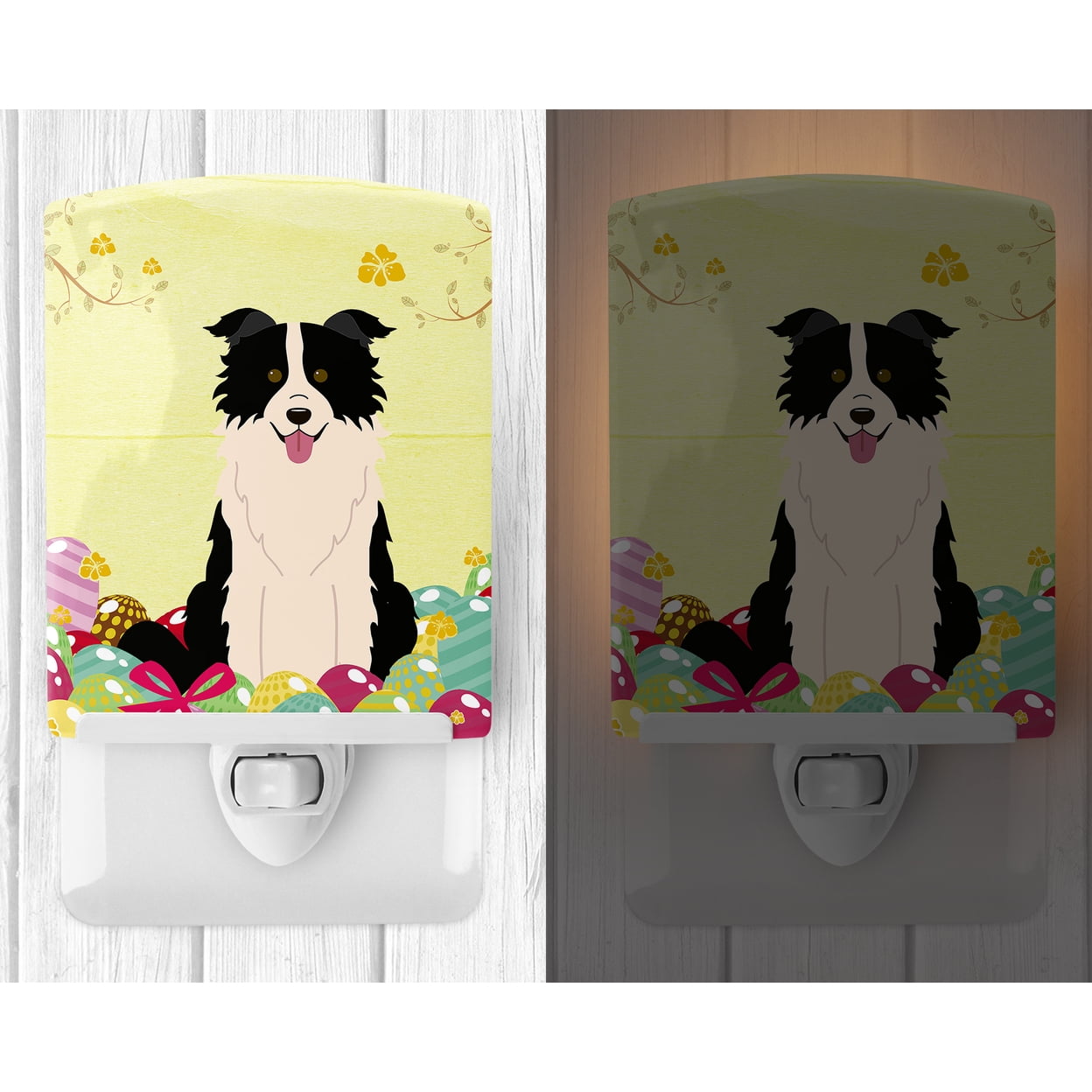 Caroline's Treasures BB6118CNL Easter Eggs Border Collie Black White Ceramic Night Light, 6x4x3", multicolor