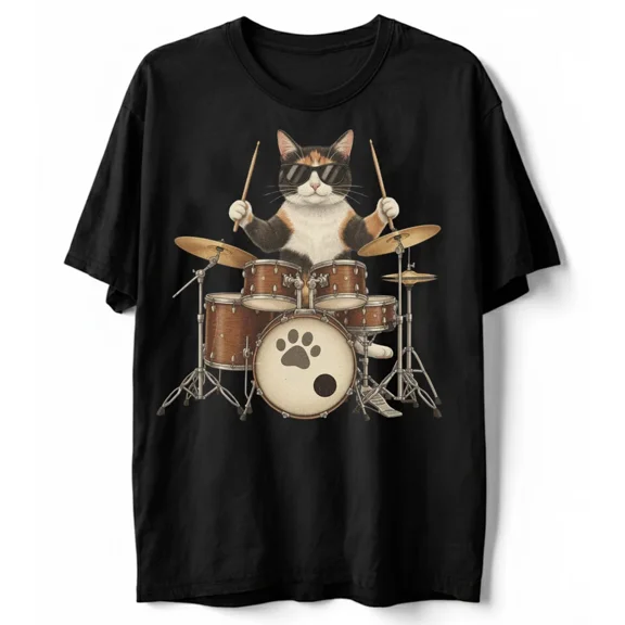 Men's Funny Cool Drummer Calico Cat Playing Drums T-Shirt